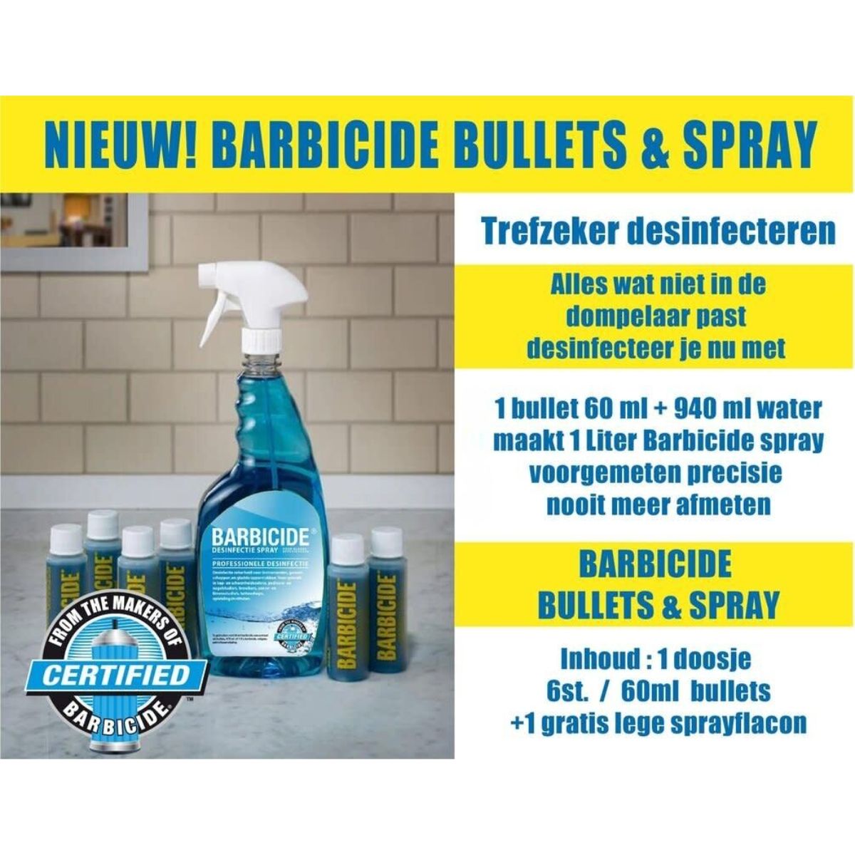 Barbicide 6 desinfectie bullets 60 ml & sprayflacon - Afbeelding 2